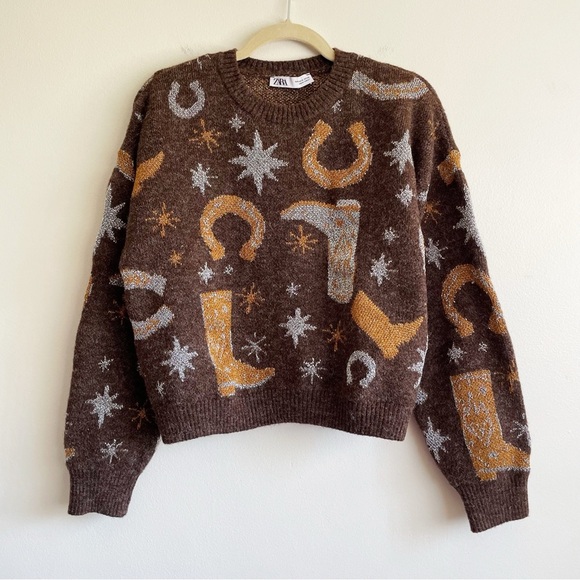 ZARA Western Cowboy Boot Nashville Horseshoe Sweater Brown Metallic Jacquard S - Picture 3 of 11